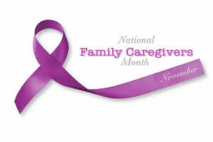 alzheimer's caregiving: National family caregivers month in November with plum purple ribbon awareness