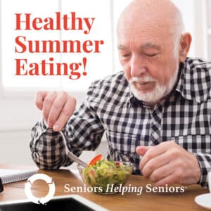 Words Healthy Summer Eating with a senior digging into a salad