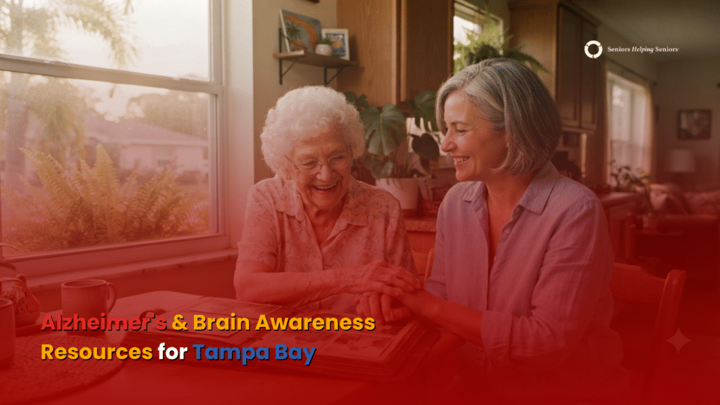 Adult daughter holding elderly parent's hand, Alzheimer's Awareness Month Tampa Bay resources