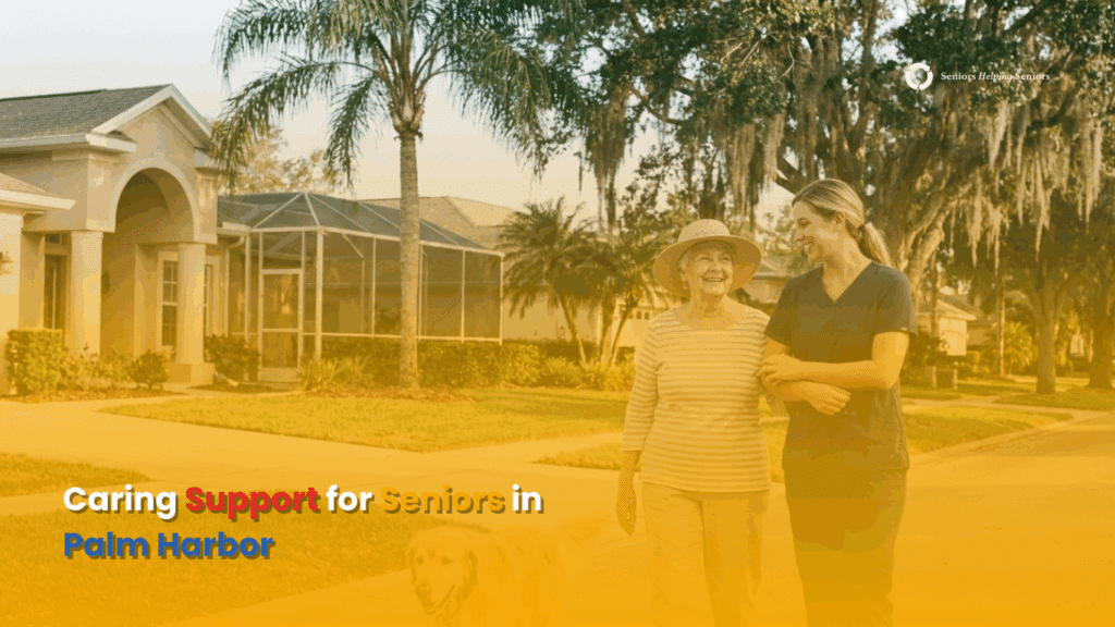 Senior and caregiver walking in a Palm Harbor neighborhood