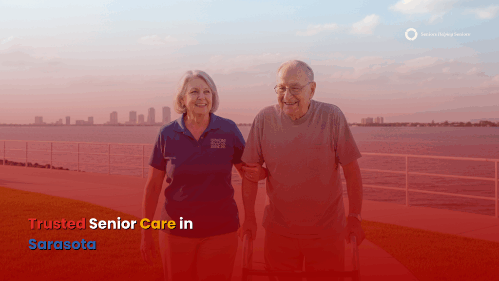 Senior and caregiver walking together near Sarasota Bay
