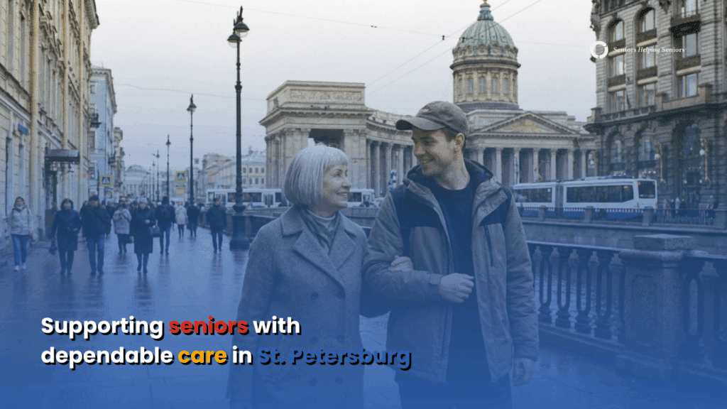 Senior and caregiver walking together along a St. Petersburg sidewalk