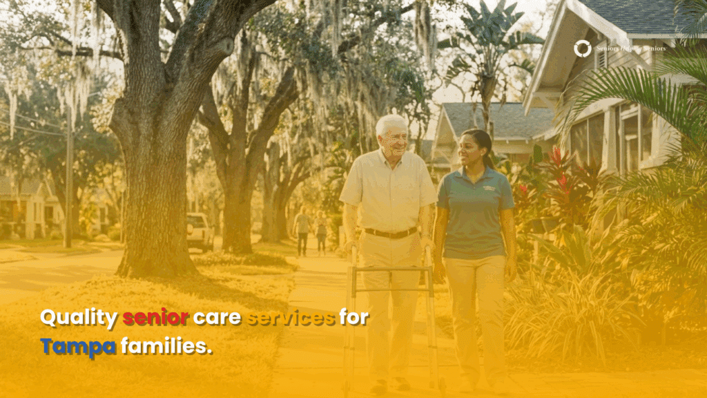Senior and caregiver walking together in a Tampa neighborhood