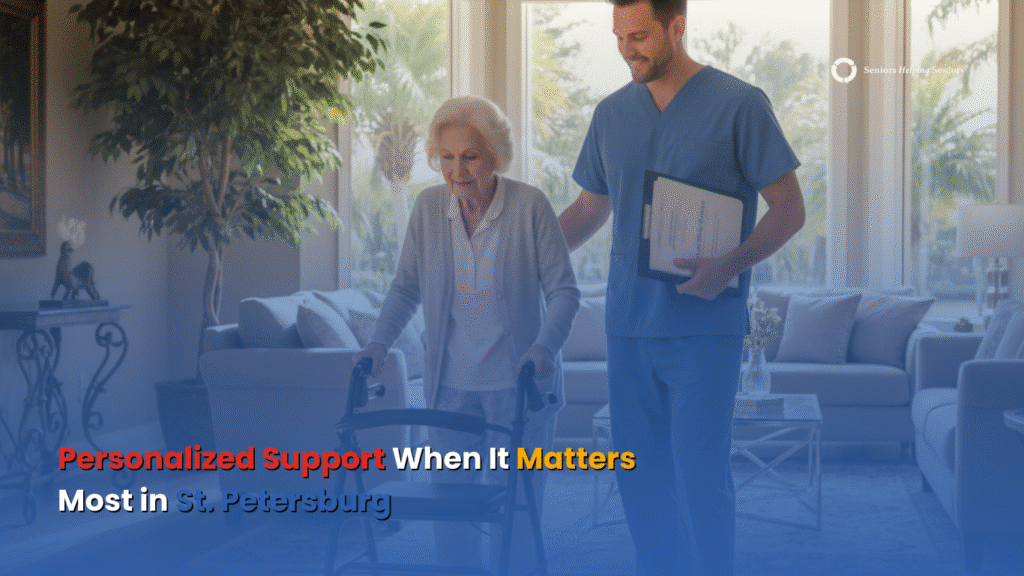 Caregiver assisting senior after hospital discharge in St. Petersburg