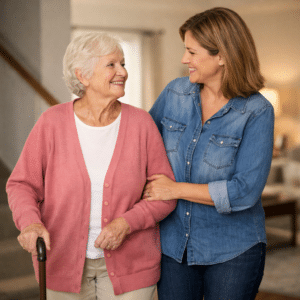 Senior caregiver assisting an older adult walking safely in the home or hallway.