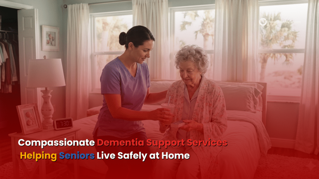 Professional caregiver helping an older adult follow a daily routine in a comfortable home setting in Clearwater