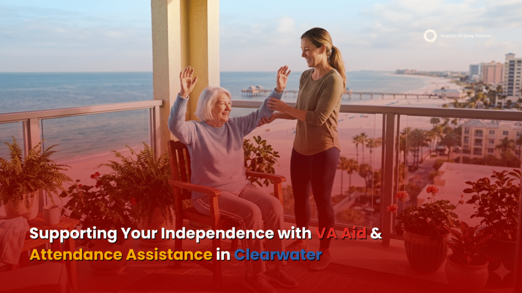 Caregiver assisting an older adult with morning exercises on a Clearwater FL balcony