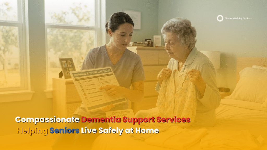 Professional caregiver helping an older adult follow a daily routine in a comfortable home setting in Palm Harbor