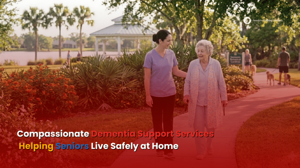 Professional caregiver helping an older adult follow a daily routine in a comfortable home setting in Sarasota