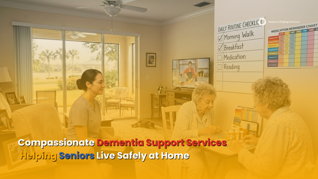 Professional caregiver helping an older adult follow a daily routine in a comfortable home setting in Tampa