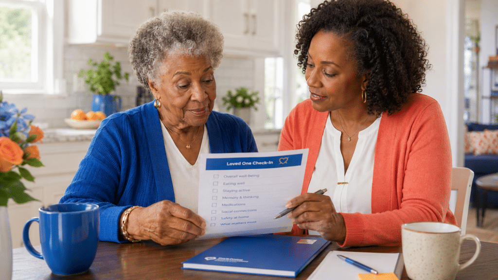 aging in place Atlanta family reviewing senior care checklist at home