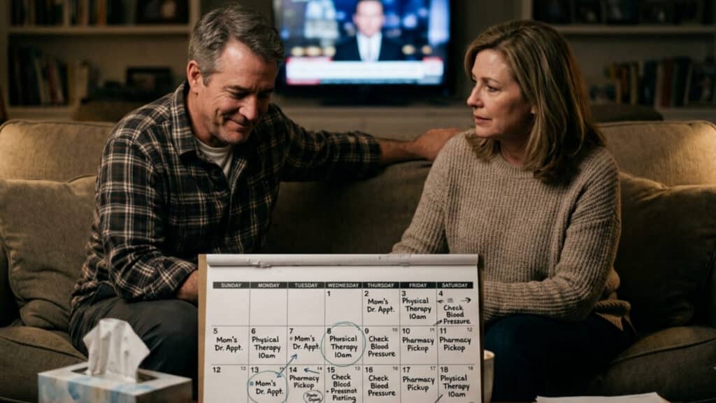 Busy caregiving calendar showing doctor appointments and medication schedules