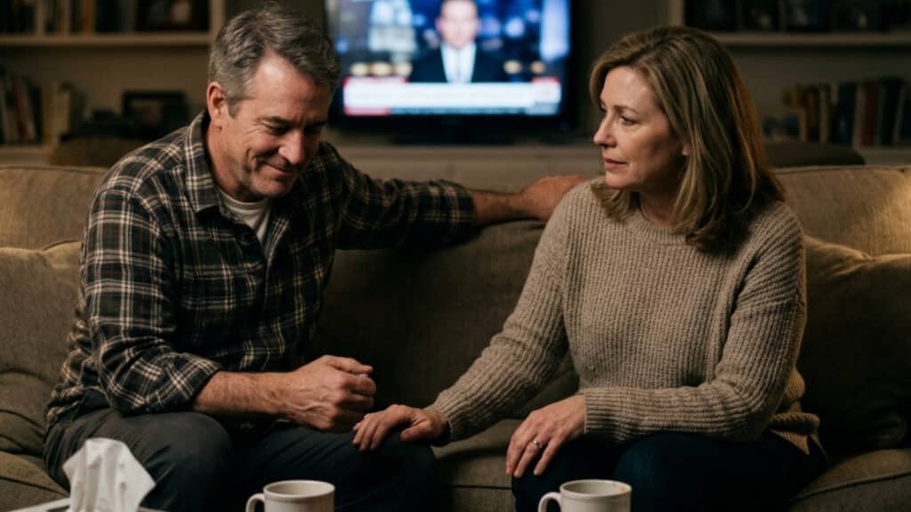 Couple sitting on couch discussing respite care for aging parents in Nashville
