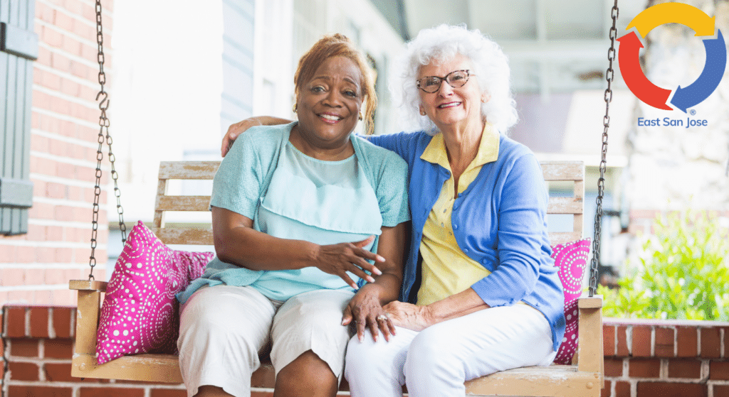 Senior companions enjoying time together on a porch swing