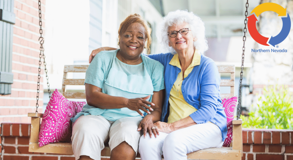 Senior companions enjoying time together on a porch swing