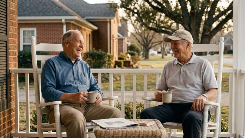 Two senior men enjoying coffee together on a porch providing companionship and reducing senior isolation
