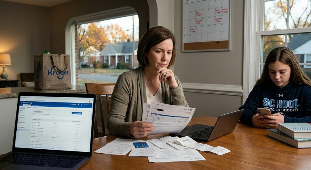 A mother balancing family life while reviewing financial statements and receipts at the dining table.