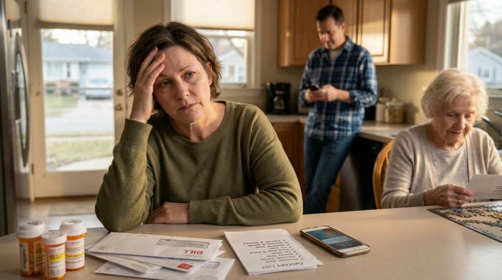 a weary caregiver surrounded by visible tasks