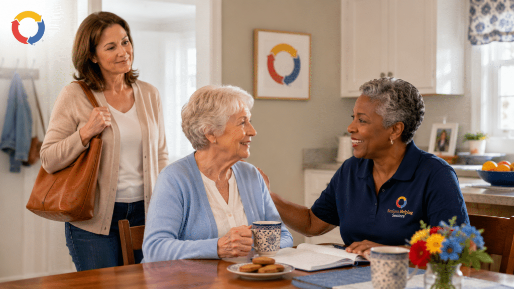 A senior and her daughter in the kitchen with a Seniors Helping Seniors Atlanta Southwest caregiver after a free in home assessment.