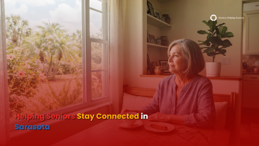 An elderly woman sits at a breakfast nook, looking through a window toward a sunny garden in Sarasota.