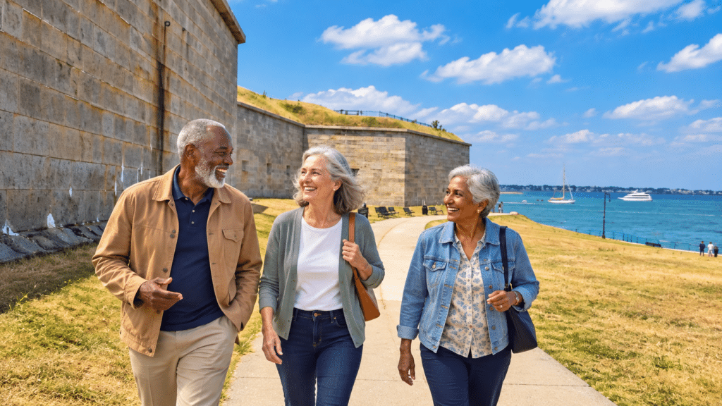 Seniors taking a walk at Castle Island in South Boston 
