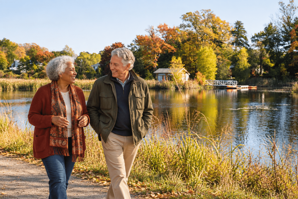Seniors walking at Powers Farm in Randolph