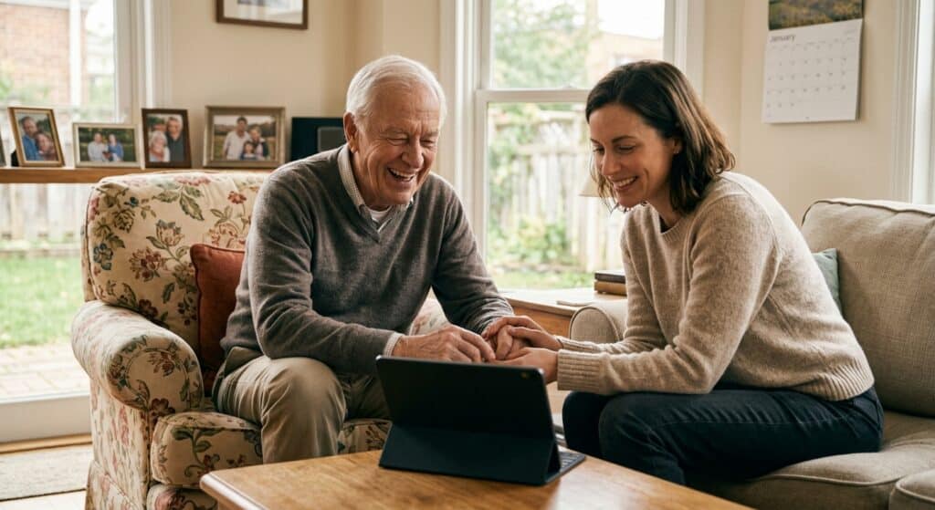 An elderly man and a warm local companion share a laugh over a tablet in a sunny living room, showing the comfort of having trusted local support.