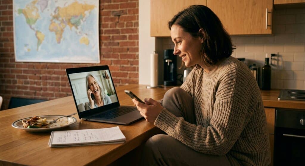 A woman in her kitchen focuses on her smartphone while managing a video call on her laptop with her elderly mother, capturing the juggling act of long-distance caregiving.