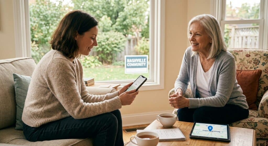 A family member and a local care companion sit together in a living room, smiling as they review a calendar on a smartphone to organize care.