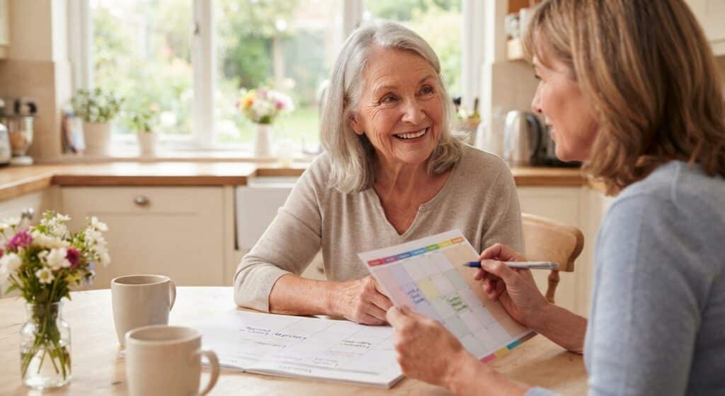 A warm, smiling older woman and a companion or family member sitting at a sunny kitchen table with mugs of coffee, looking over a calendar together.