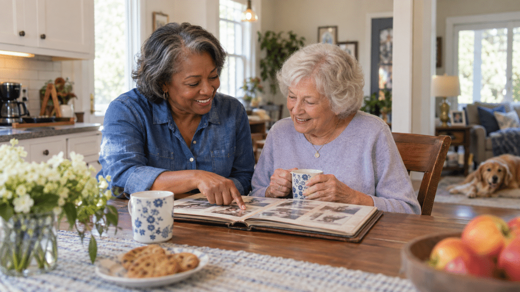 Caregiver and a client looking through photo albums.