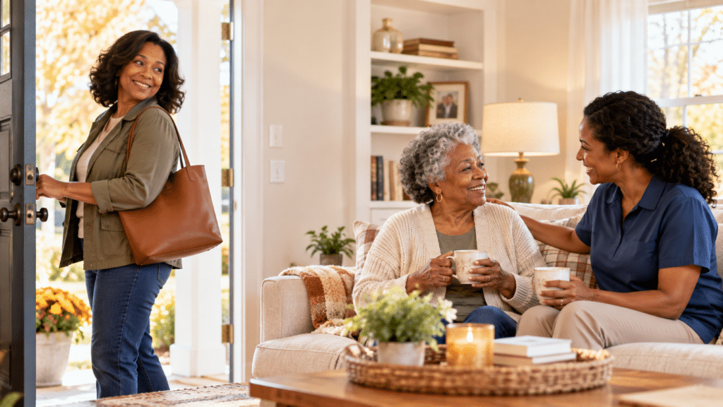 Caregiver with mother on the couch as daughter goes to work. 