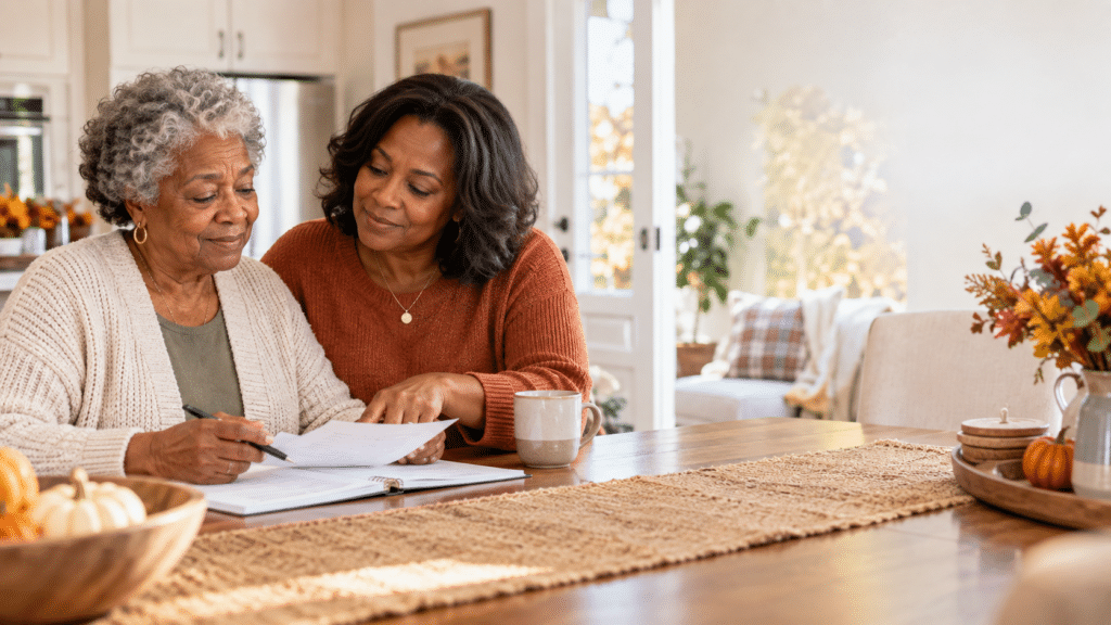 Mom and daughter reviewing a safety checklist together at the kitchen table.