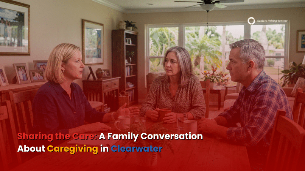 Brother and sister discussing shared caregiving responsibilities at a Clearwater home.