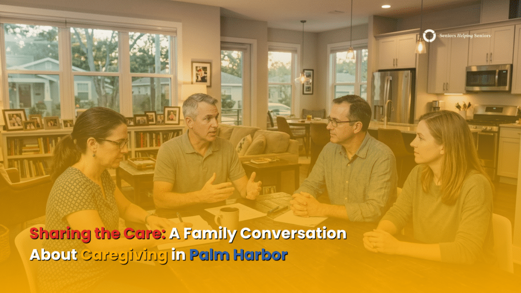 Two brothers discussing caregiving responsibilities in a Palm Harbor family home.