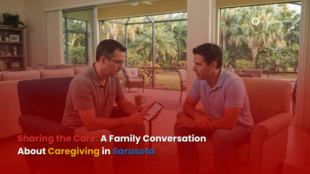 Adult siblings discussing shared caregiving plans in a Sarasota family home.