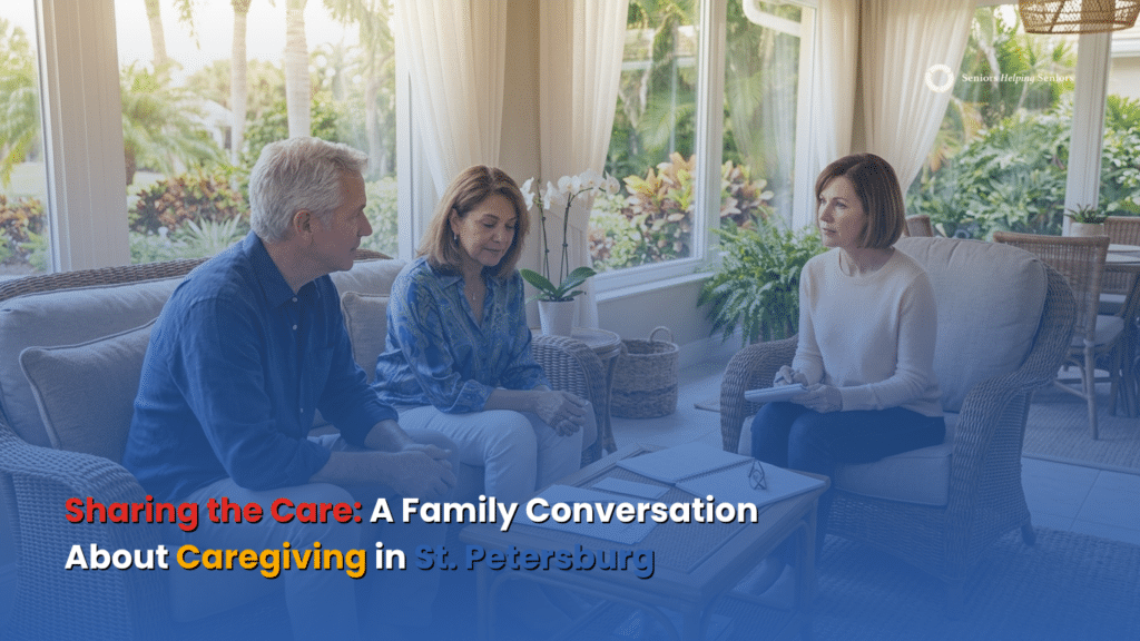 Three sisters discussing how to divide caregiving responsibilities in St. Petersburg.