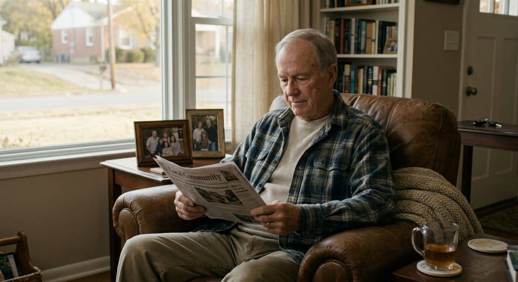An elderly man with thinning grey hair and glasses sits in a worn leather armchair, focused on a local community newspaper he holds with both hands.