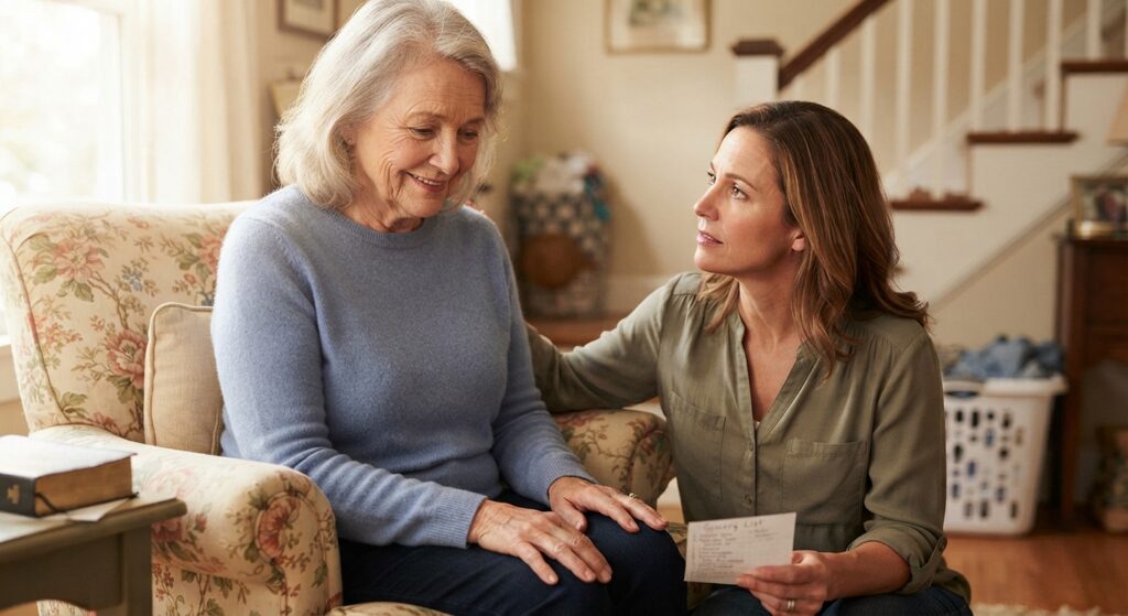 An adult daughter sits next to an older mother in an armchair, looking at her with concern while holding a small notepad, as they converse in a bright living room.