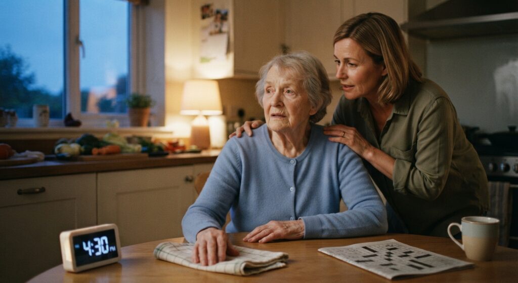 An elderly woman with dementia looks confused in a kitchen at twilight, while her daughter, with a hand on her mother's shoulder, looks on with concern. On the table, a digital clock clearly reads "4:30 PM."