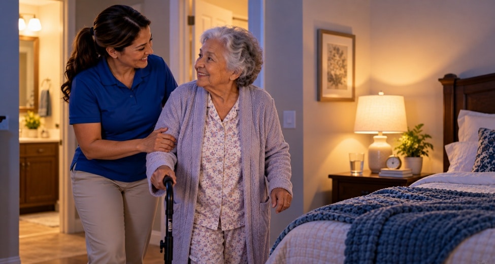 Caregiver providing El Paso home care while helping a senior move safely at night with a reassuring and supportive presence.