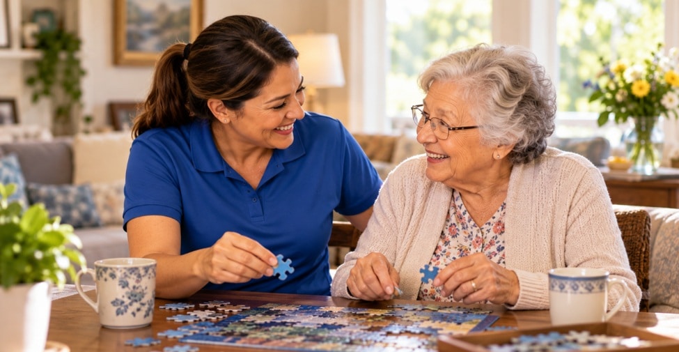Caregiver providing El Paso home care services while sharing a puzzle and meaningful companionship with a senior at home.